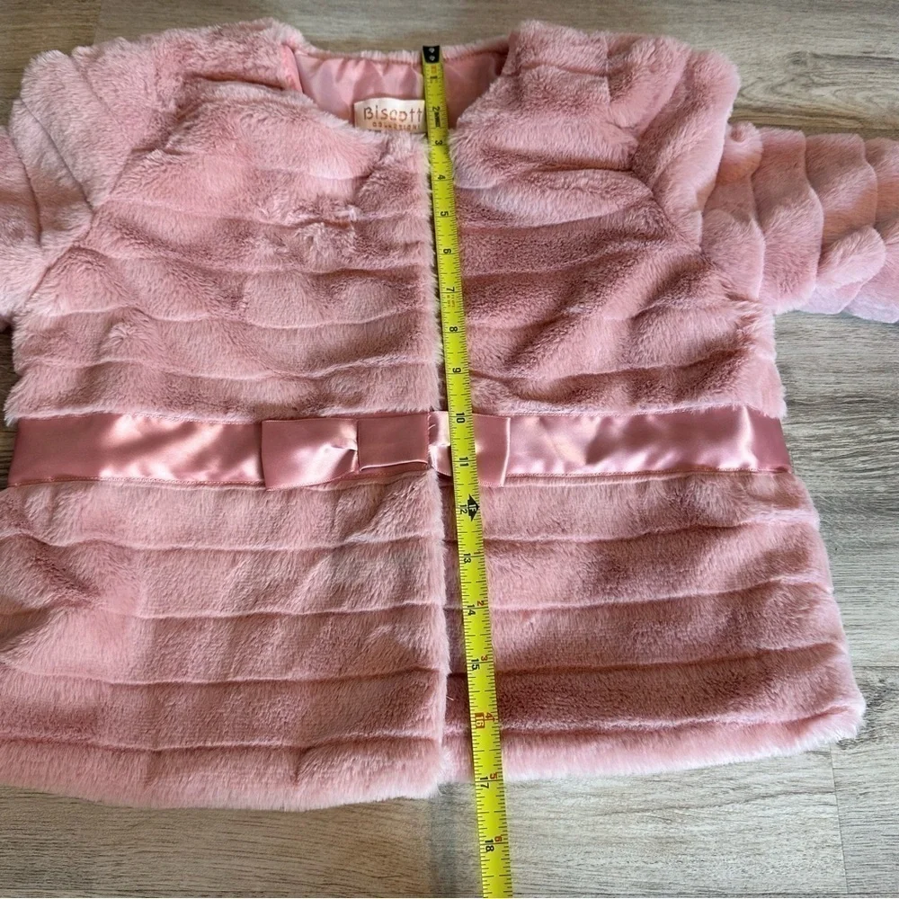 Biscotti Girls Pink Faux Fur Jacket Size 12 Satin Bow Waist Dressy Coat